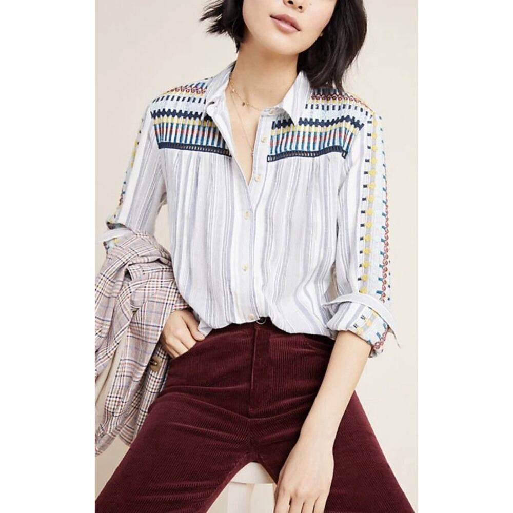 Anthropologie The Cate Button down Embroidered Shirt Size S NWT